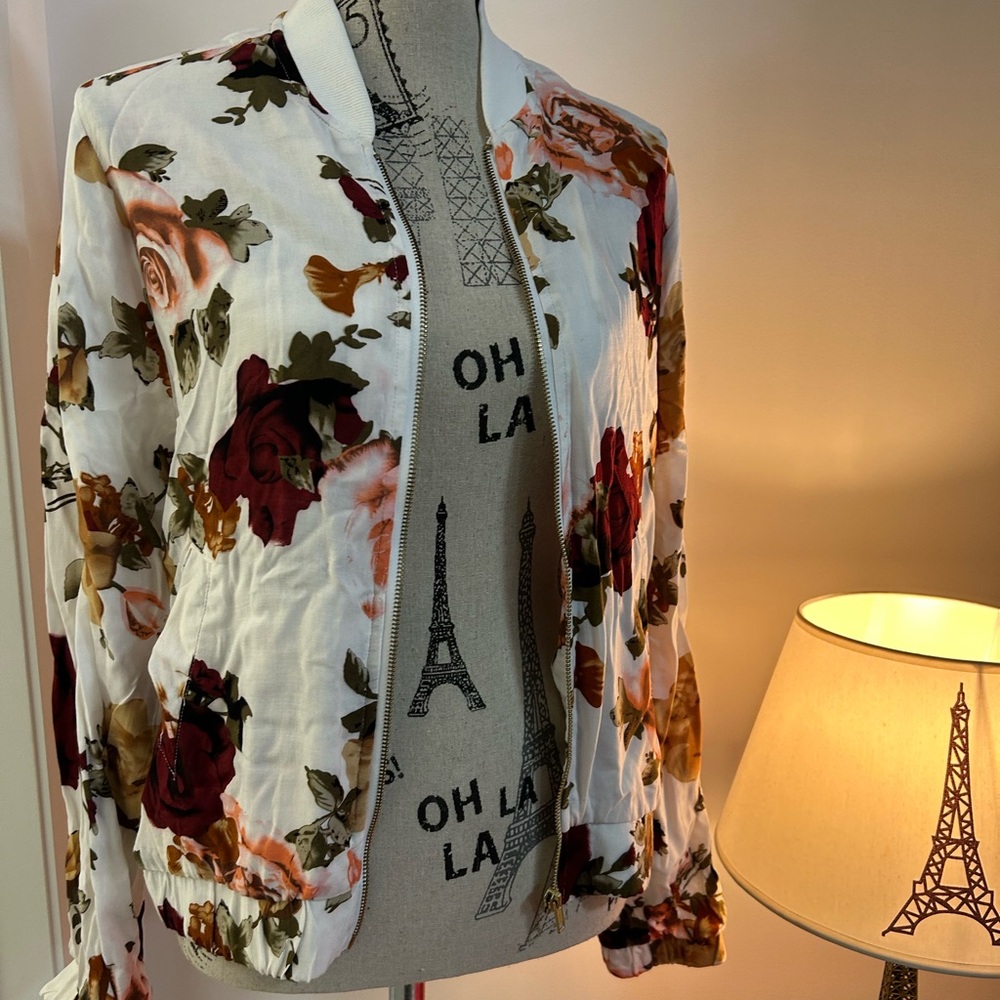 Women lightweight jacket zip up, Size L,Casual Floral